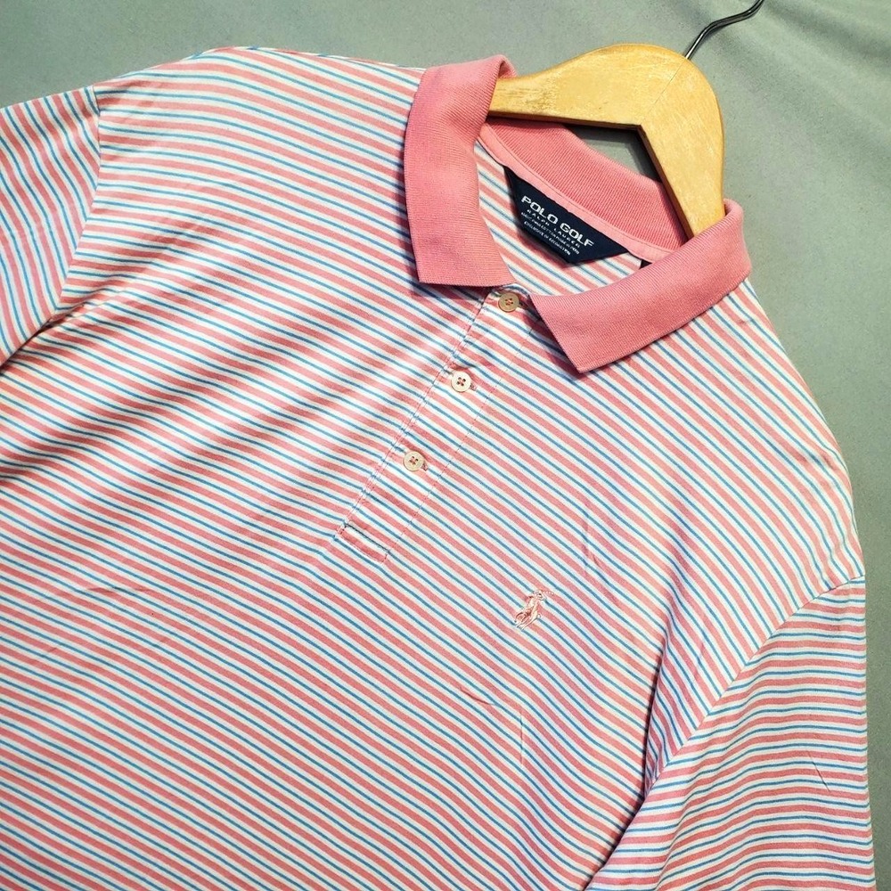 Polo Golf Ralph Lauren Striped Polo Shirt Mens L Pink Blue AJGA Pima Cotton